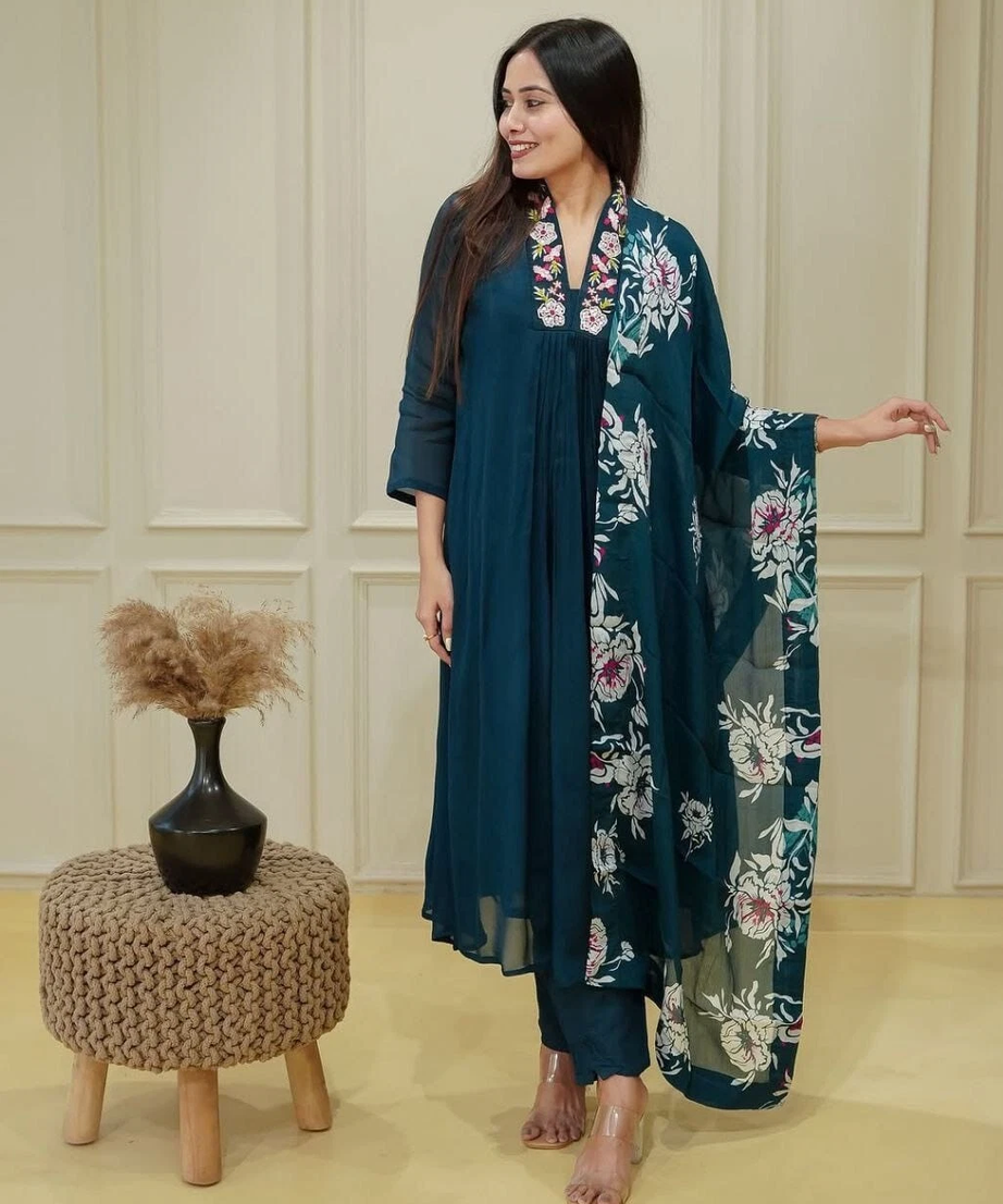 Chinon & Embroidery Work Kurti Bottom With Dupatta Set 12-BS