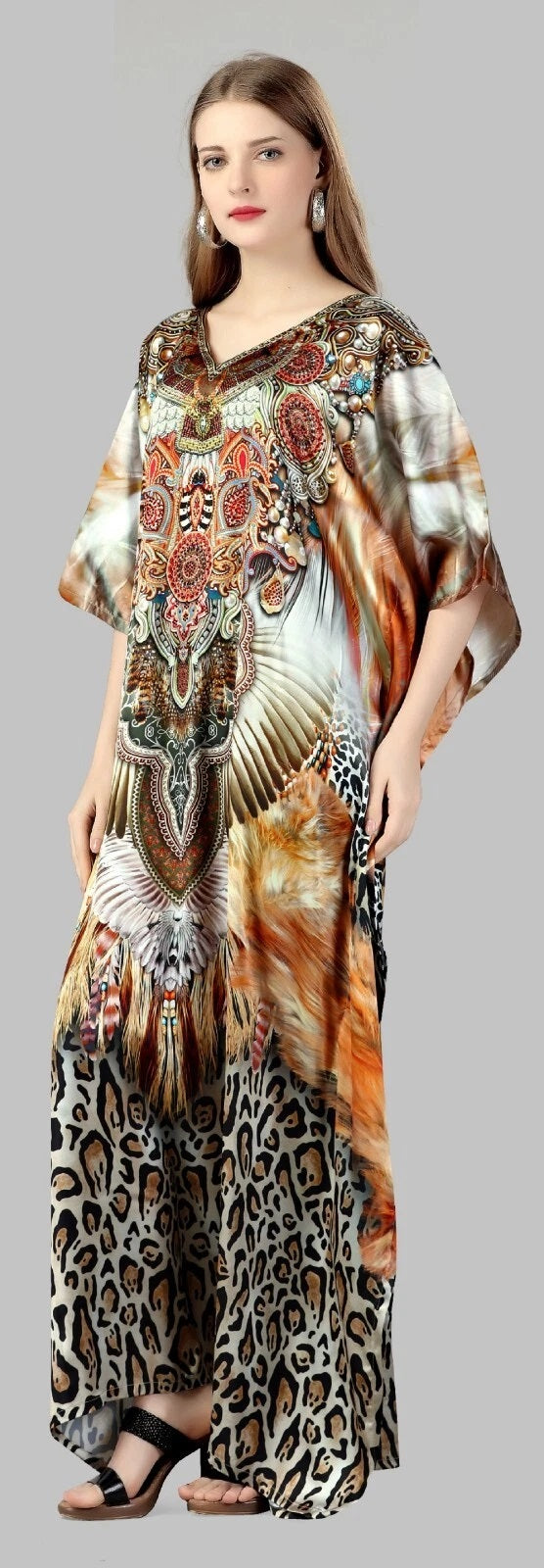 Women's Kaftan Dress Short Sleeve Beach Cover Up Print Free Size V-Neck Caftan