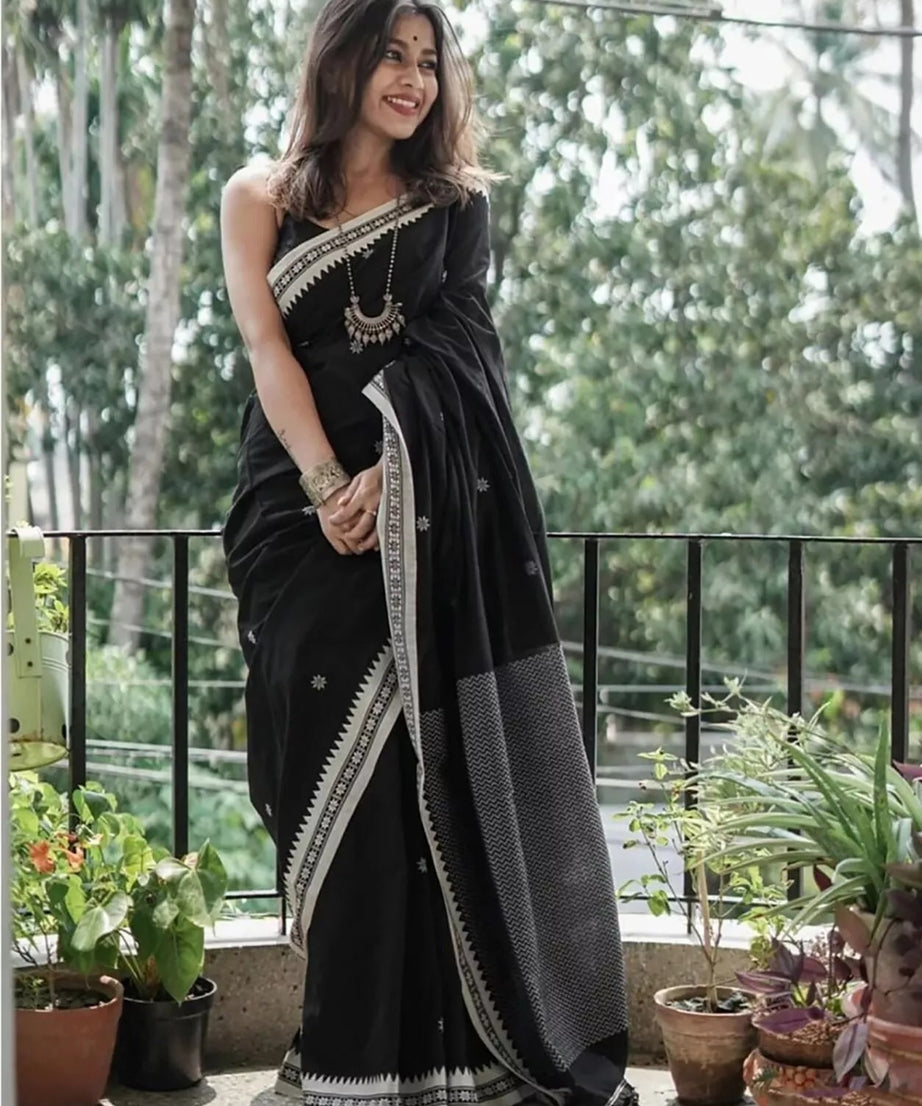 Black Soft Linen Slub Designer Saree,Classic Sari Blouse