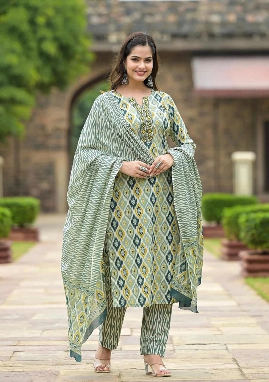 Women's Cotton Full Stitched Function Wear Top Bottom & Dupatta Set