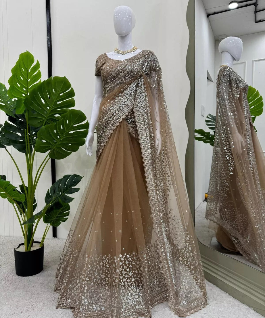 beautiful Wedding Soft Net Sequence Work Saree,Party Function Wear Sari & Blouse