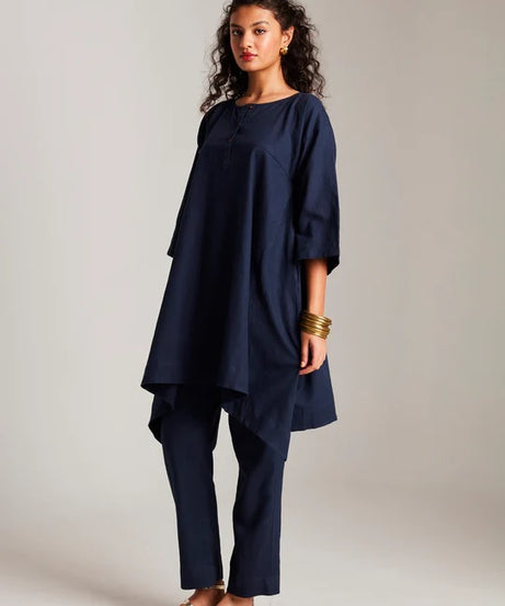 Navy Co-Linen High Low Kurta Set