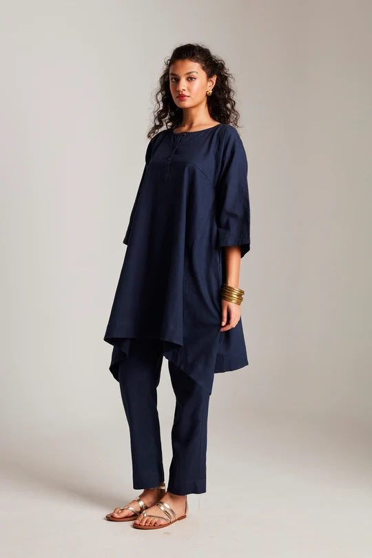 Navy Co-Linen High Low Kurta Set