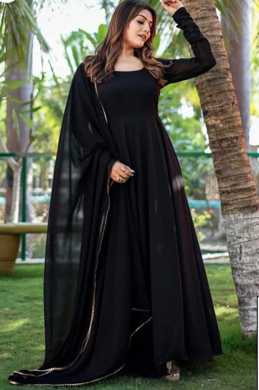 Black Georgette Beautiful Elegant Flared Gown Dupatta