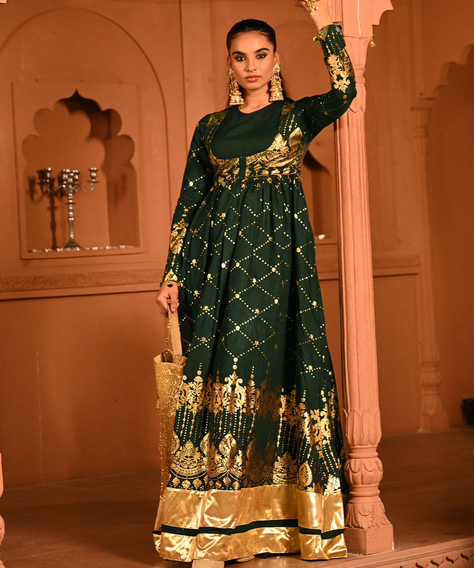 Luxury Emerald Green Gold Embroidered Anarkali Dress For Women(3XL)