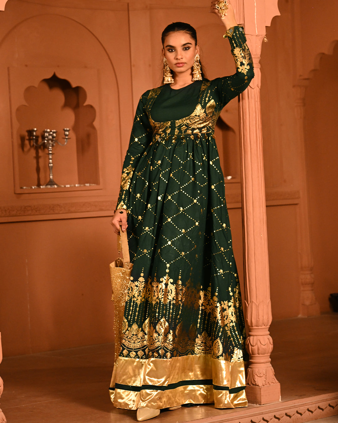 Luxury Emerald Green Gold Embroidered Anarkali Dress For Women(3XL)