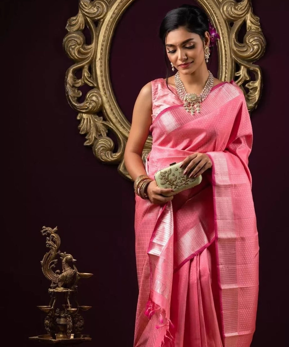 Wedding Pink Soft Lichi Silk & Jacquard Work Saree With Blouse