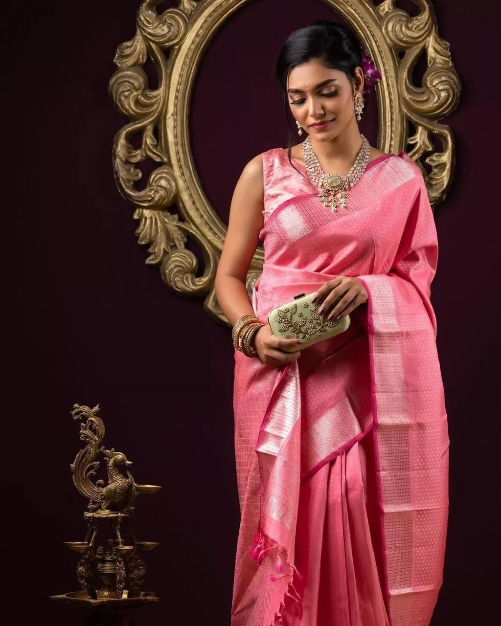 Wedding Pink Soft Lichi Silk & Jacquard Work Saree With Blouse