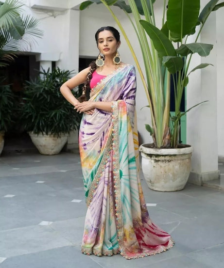 Soft Chinon Silk Printed Designer Sari With Blouse