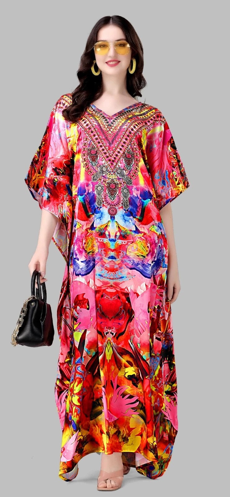 Kaftan Dress Kimono Maxi Style V-Neck Smooth Stain Long Night Gown Dress
