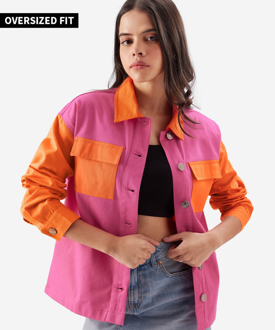 Colorblock Shacket Rosette Women Shackets