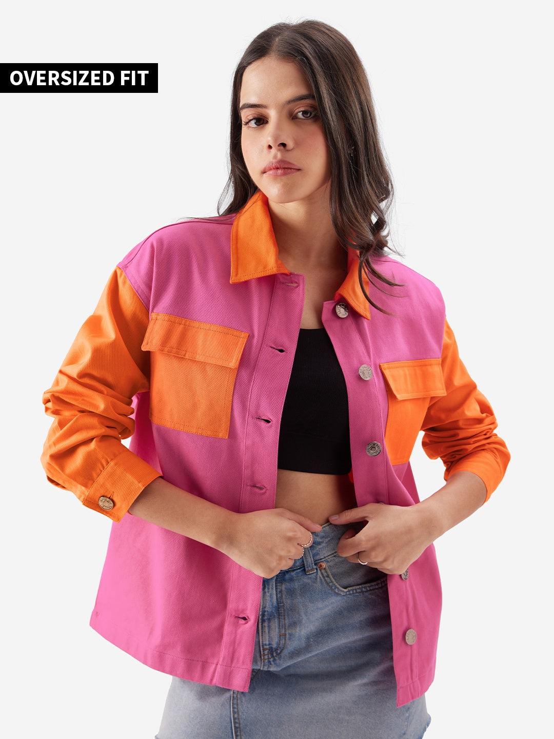 Colorblock Shacket Rosette Women Shackets