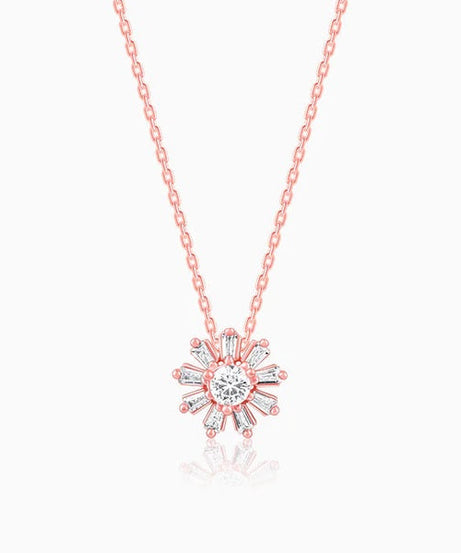 Rose Gold Baguette Flower Pendant with Link Chain