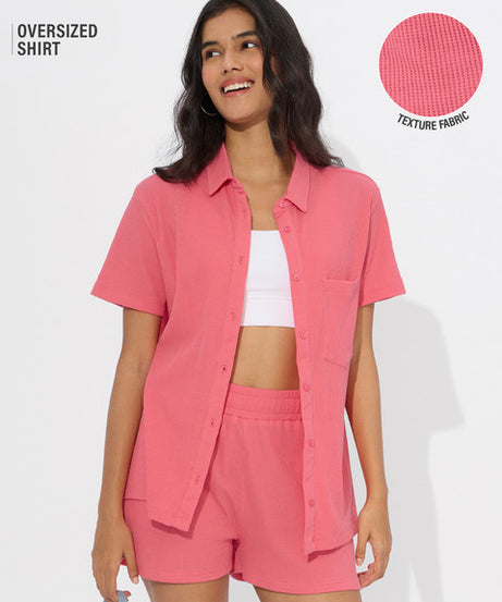 Textured Shirt Coral (Solids) Women Boyfriend Shirts