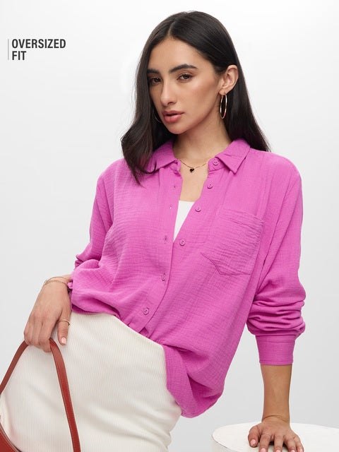 Textured Shirt Phlox Pink Women Boyfriend Shirts