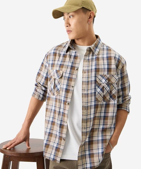 Plaid Brown Bisque Men Utility Shirts