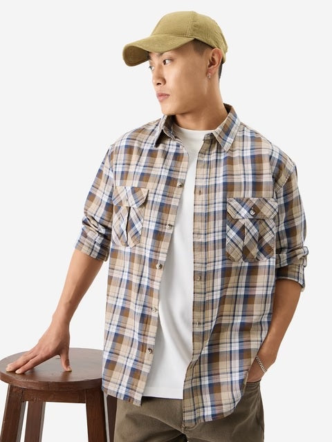 Plaid Brown Bisque Men Utility Shirts