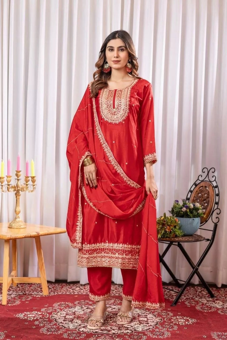Heavy Pure Chinon Classic Stitched Kurti Bottom & Dupatta