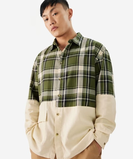 Plaid Green, Cream Men Relaxed Shirts