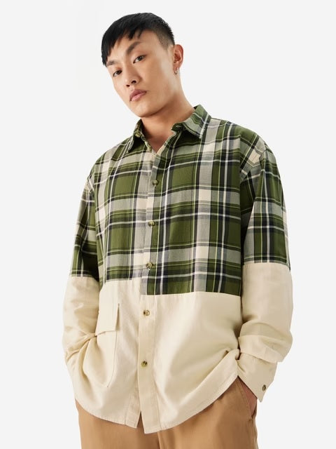 Plaid Green, Cream Men Relaxed Shirts