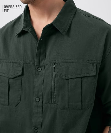 Dark Green Men Utility Shirts