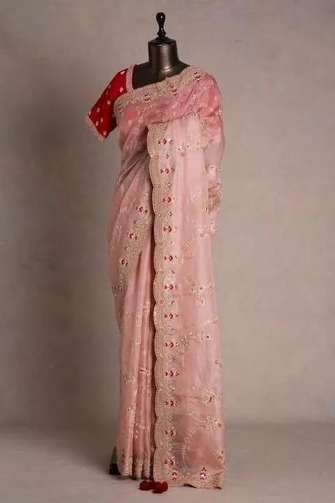 Heavy Satin Silk Fabric With Embroidery Thread Work Saree & Blouse