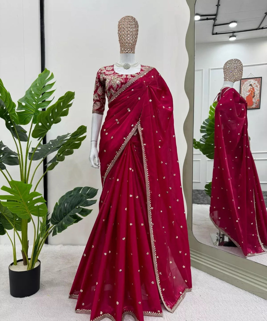 Pure Soft Jimmy Choo Silk  Beautiful Embroidery Zari And Sequence Work Sari & Blouse