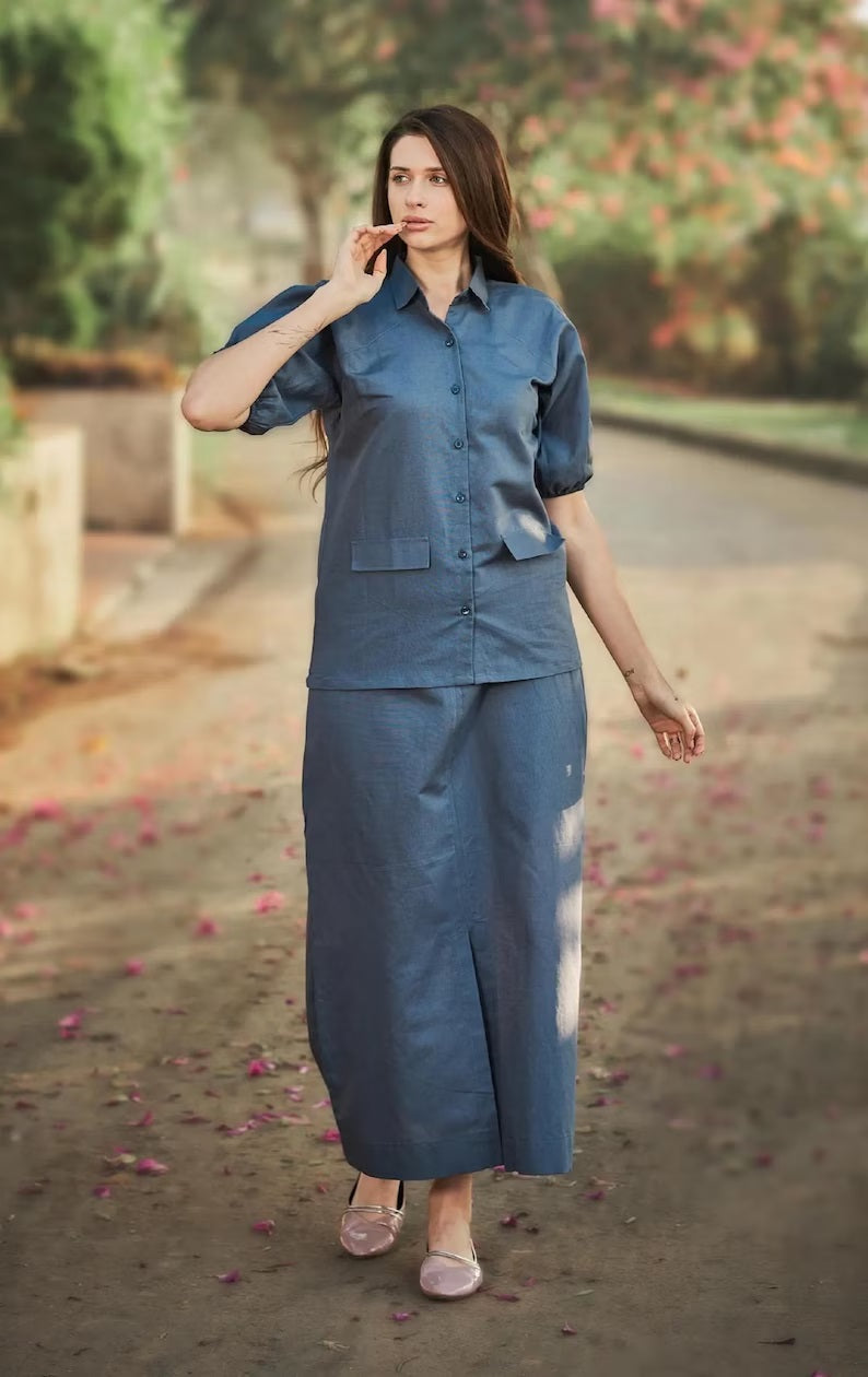 Linen Reglan Sleeve Shirt With Aline Skirt for women