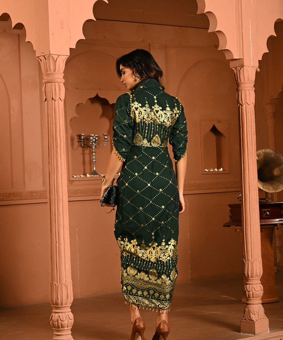 Designer Green Gold Embroidery Kaftan Dress for Women – Elegant Cocktail Party & Ethnic Fusion Wear