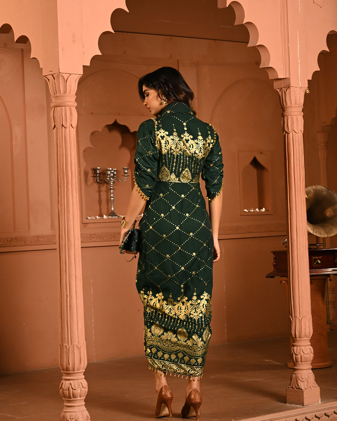 Designer Green Gold Embroidery Kaftan Dress for Women – Elegant Cocktail Party & Ethnic Fusion Wear
