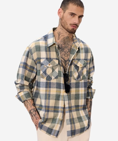 Plaid Blue, Green, and Yellow Men Utility Shirts