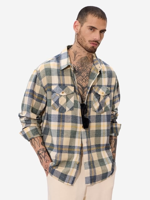 Plaid Blue, Green, and Yellow Men Utility Shirts