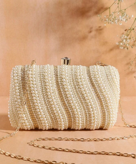 White Pearl Work Beads Clutch