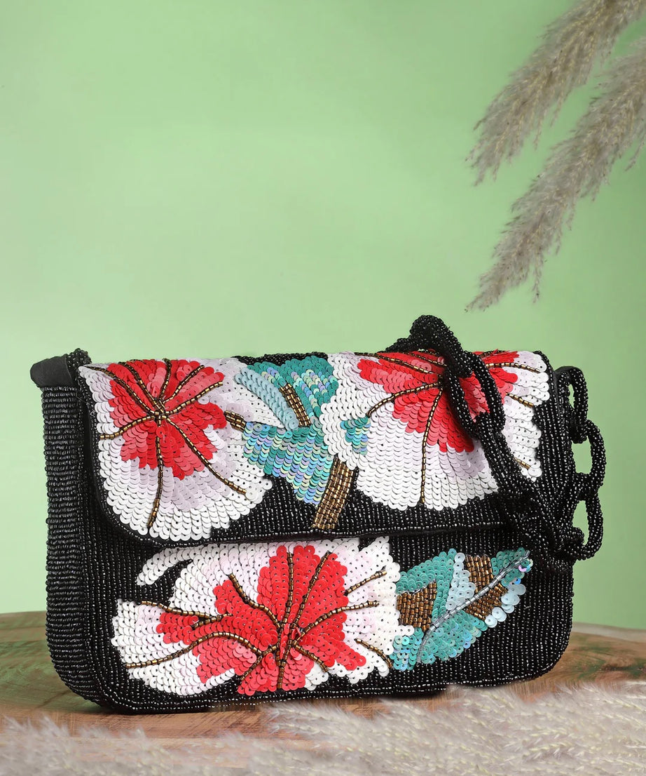 Coffer Floral Embellished Faux Silk Clutch