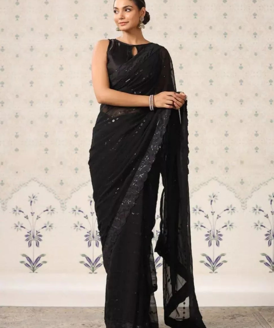 Black Georgette & Sequence Embroidery Work With Cut Work Sari & Blouse