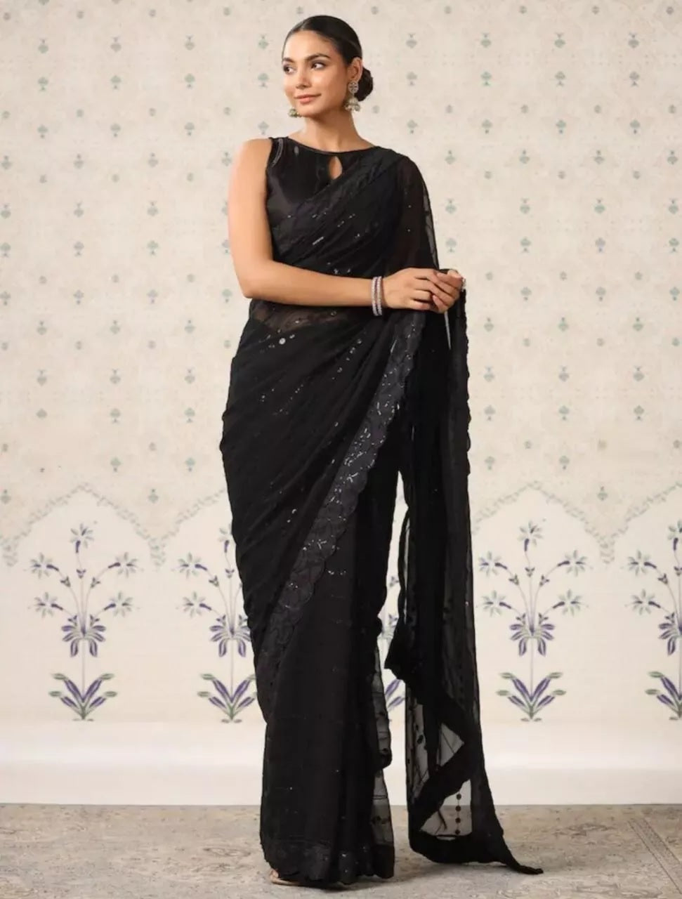 Black Georgette & Sequence Embroidery Work With Cut Work Sari & Blouse