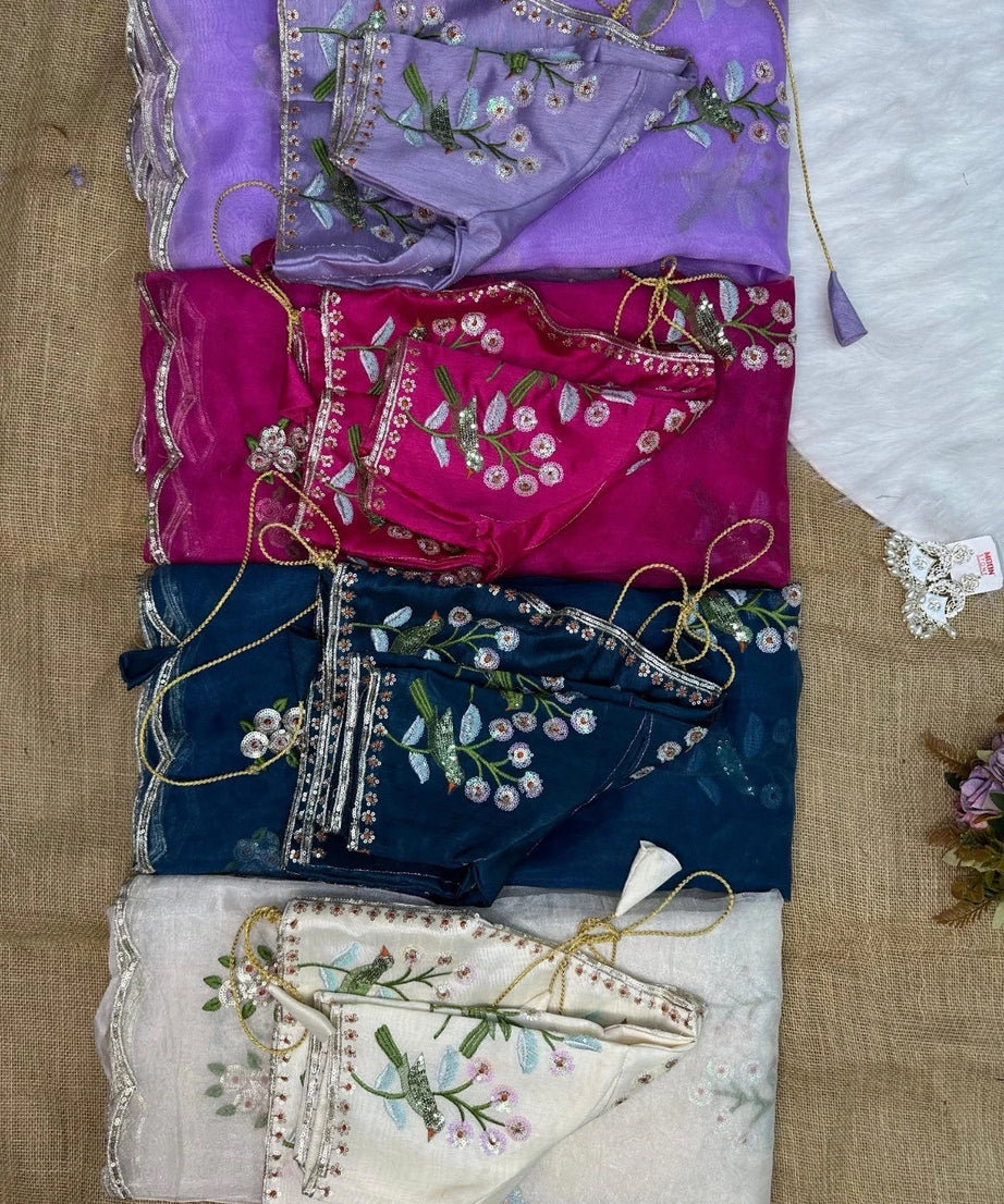 Soft Organza Saree With Embroidery Sequence Work Sari With Blouse