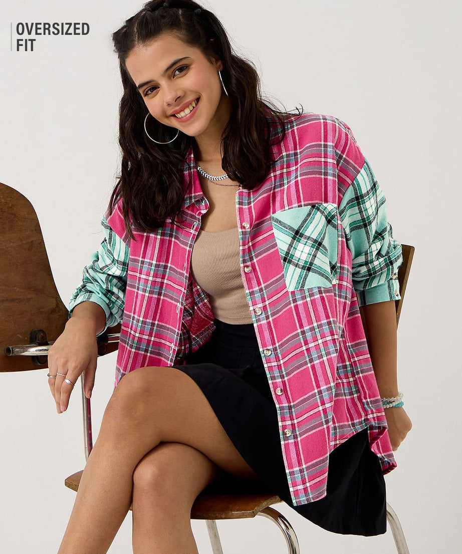 Plaid  Viridis And Raspberry Women Boyfriend Shirts