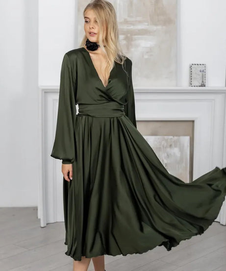 Olive Green Bridesmaid Dress V-Neck Satin Dress