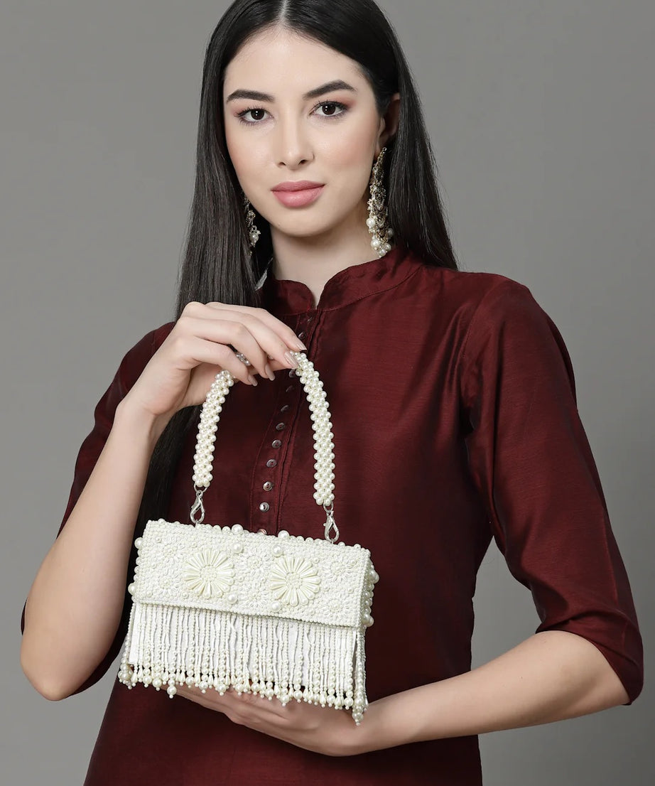 Coffer Bead Work Embellished Faux Silk Clutch