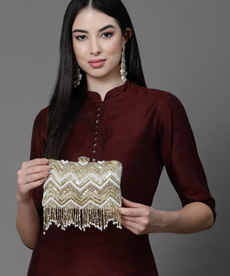 Dangle Chevron Embellished Velvet Clutch