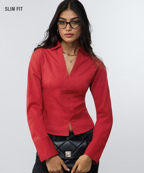 Cherry Red Fitted Shirt Women Fitted Shirts