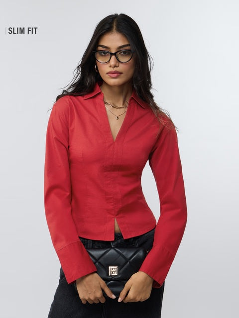 Cherry Red Fitted  Women Shirts