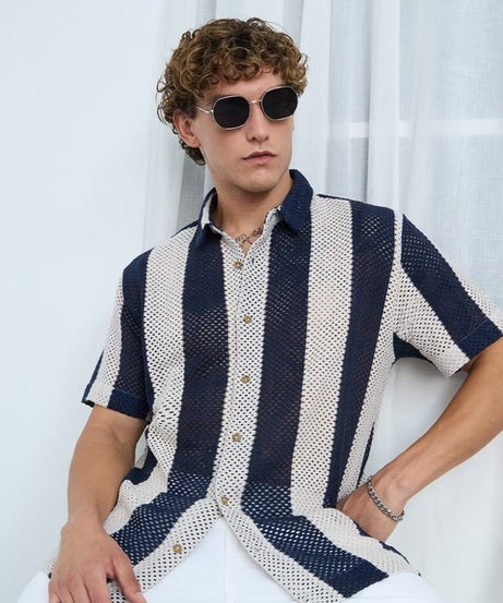 Open Knit Navy Stripes Men Textured Shirts