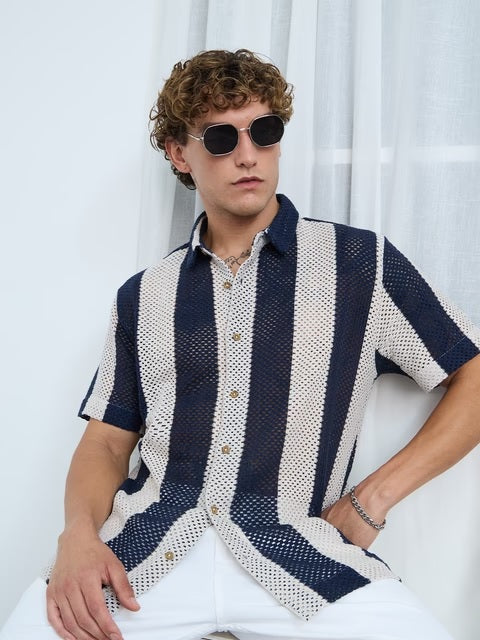 Open Knit Navy Stripes Men Textured Shirts