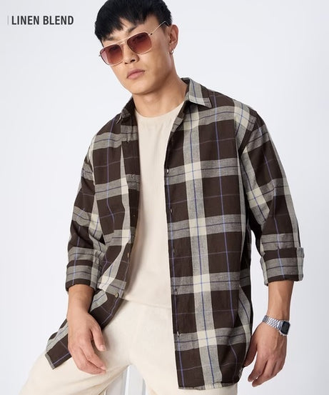 Checks Mocha Cotton Linen Shirts