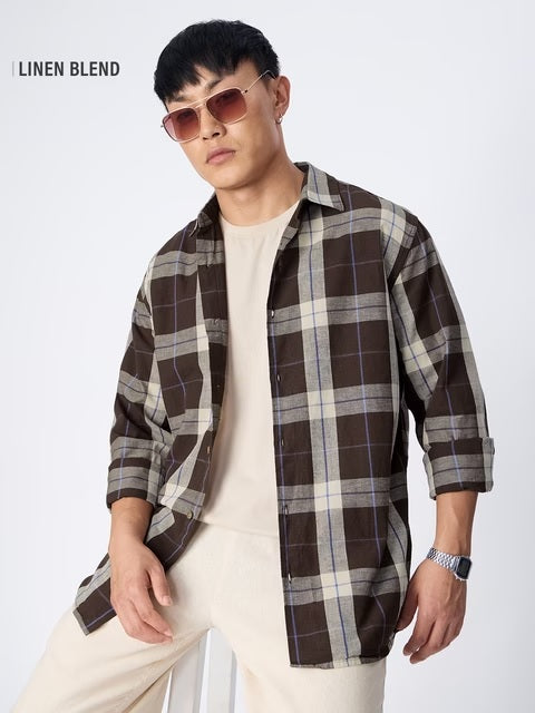 Checks Mocha Cotton Linen Shirts