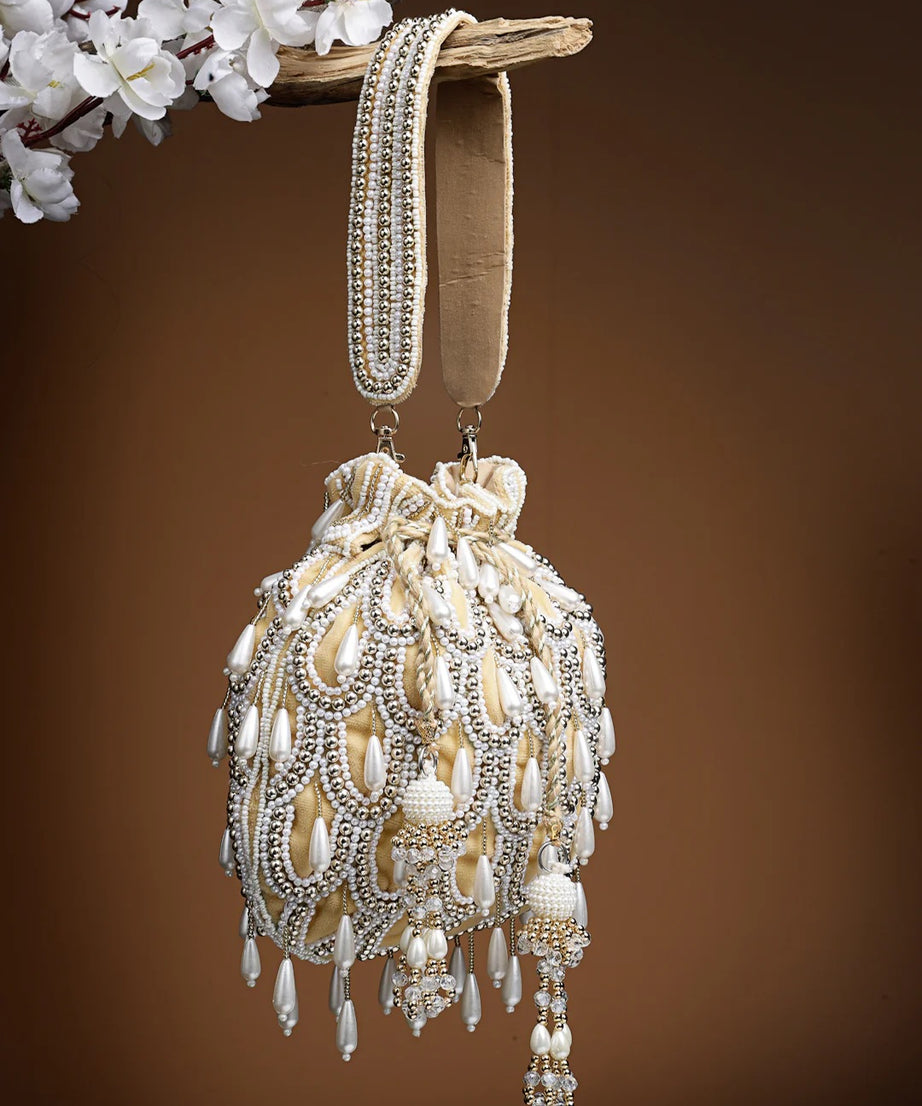 Droop Pearl Embellished Velvet Potli Bag