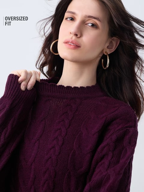 Cable Knit Plum Berry Women Oversized Sweaters