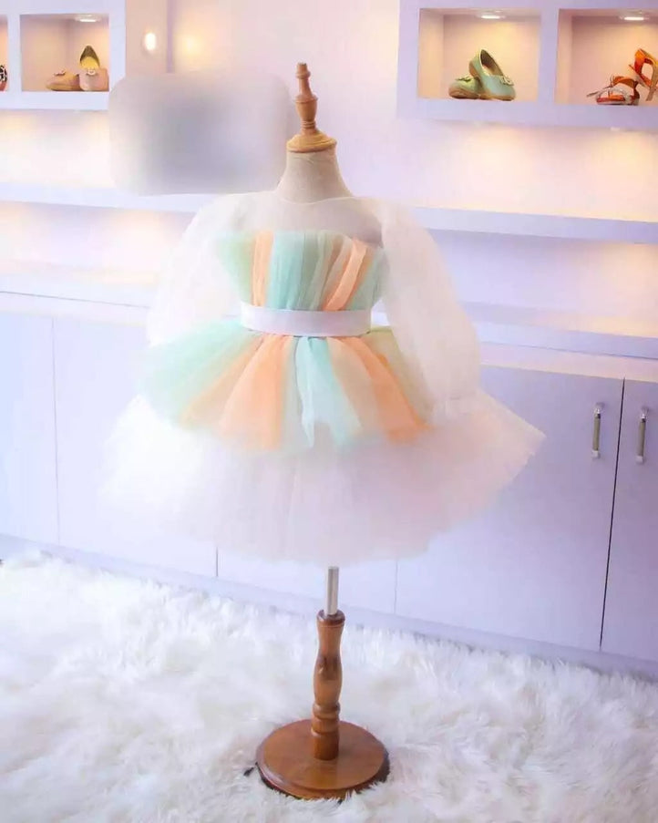 Little Girl's Net Full Flair With Multi Color Dress